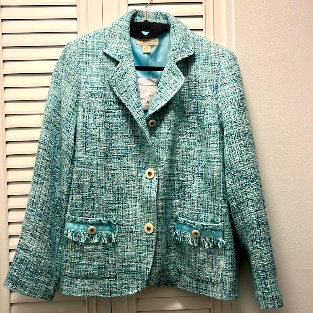 Appleseed Womens Aqua/Turquoise Tweed Blazer NWOT Size 6P